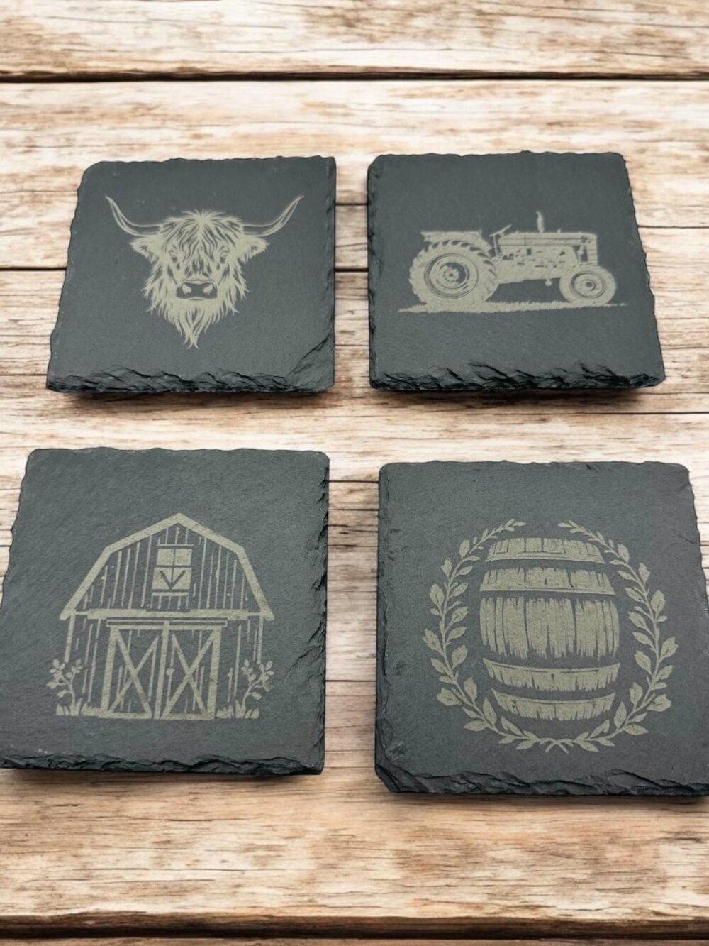 Rustic Farm Theme Slate Coaster Set | Highland Cow Barn Tractor Barrel